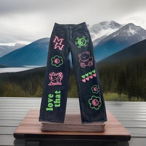 RUMWE Jeans Womens Large12-14 Black Graphic Print unique Gangsta Hip Hop Rare